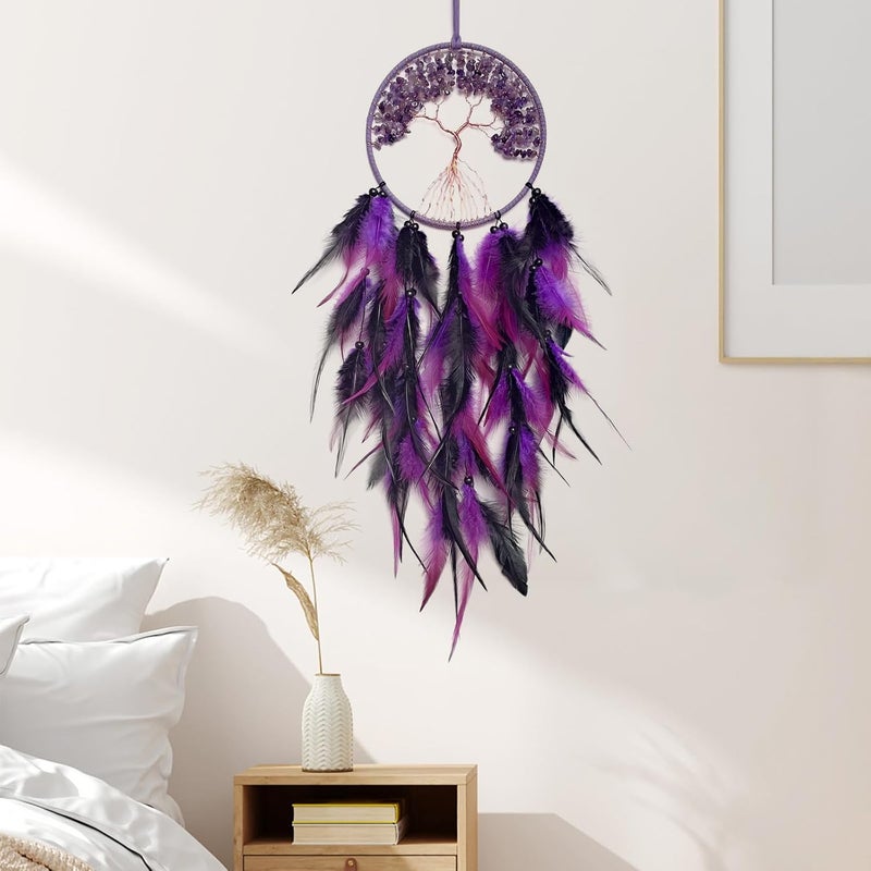 RAGKUU Store Black and Purple Dream Catcher Wall Decor Crystal Tree of Life Dream Catchers Handmade Feather Dreamcatcher Wall Hanging Ornament for Bedroom Living Room Home Decor - Image 5